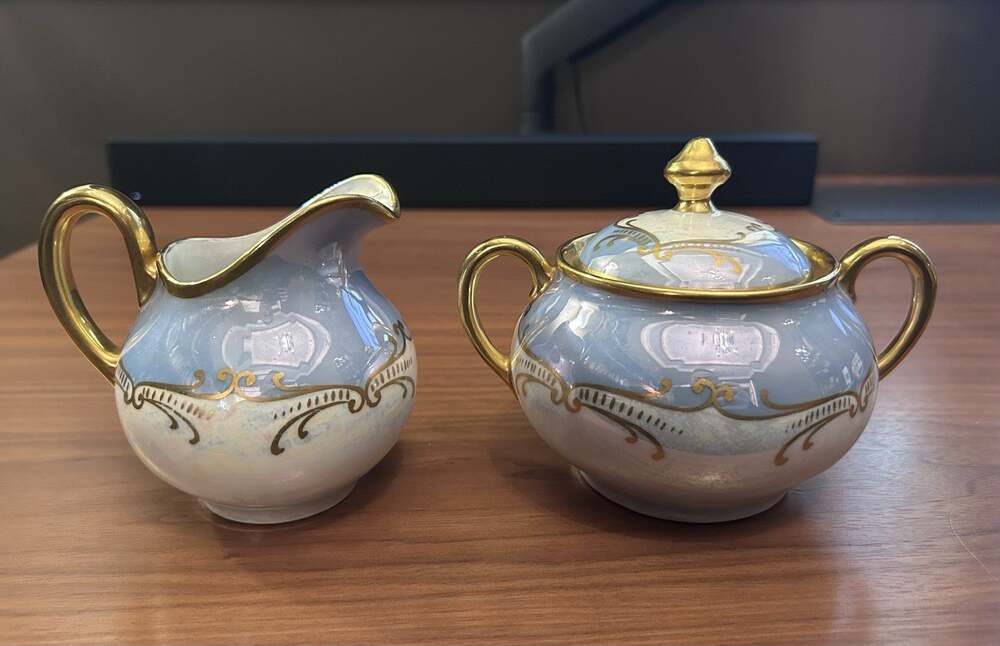 Vintage Bavaria Porcelain Lusterware Creamer & Sugar Bowl Set, Blue Gold PERFECT